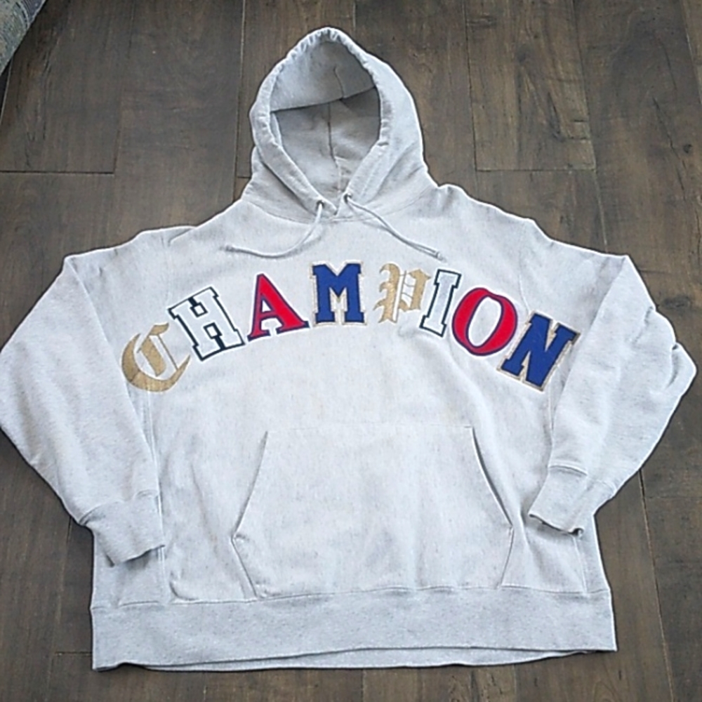 VTG 90S CHAMPION PATCHED REVERSE WEAVE LARGE SPELLOUT  HOODIE MENS 2XL